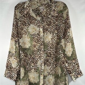 Chico's Leopard Print Floral Blouse - Green Cream Sheer Office Wear Resort Sz 3P